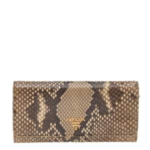 Pre Owned Prada Beige Python Leather and Leather Flap Continental Wallet