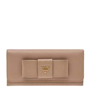 Pre Owned Prada Beige Saffiano Leather Bow Continental Wallet