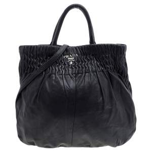 Pre Owned Prada Black Pleated Leather Hobo