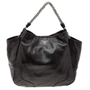 Pre Owned Prada Dark Brown Shiny Leather Lux Chain Cervo Hobo