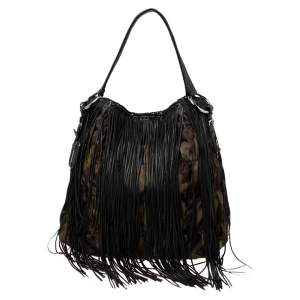 Pre Owned Prada Black/Camo Nylon and Leather Fringe Hobo 