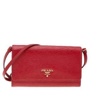 Pre Owned Prada Red Vitello Move Leather Wallet On Strap
