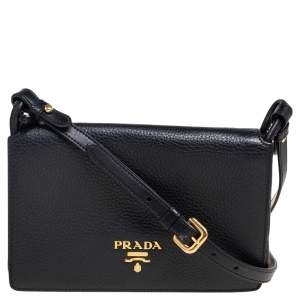 Pre Owned Prada Black Vitello Daino Leather Flap Crossbody Bag