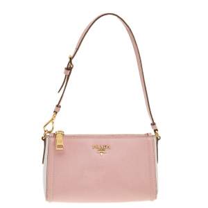 Pre Owned Prada Pink/White Saffiano Leather Mini Pochette