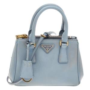 Pre Owned Prada Light Blue Saffiano Leather Mini Galleria Double Zip Tote