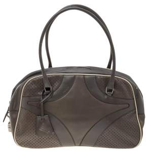 Pre Owned Prada Grey/White Vitello Drive and Perforated Leather Bowler Bag