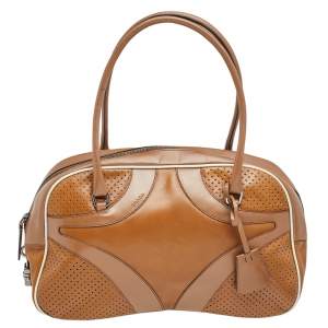 Pre Owned Prada Brown/White Vitello Drive and Perforated Leather Bowler Bag