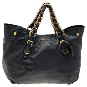 Pre Owned Prada Black Cervo Lux Leather Chain Tote