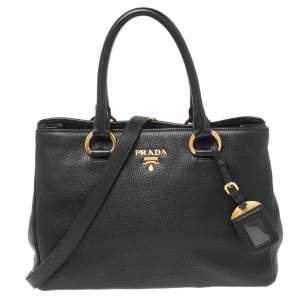 Pre Owned Prada Black Vitello Daino Leather Middle Zip Tote
