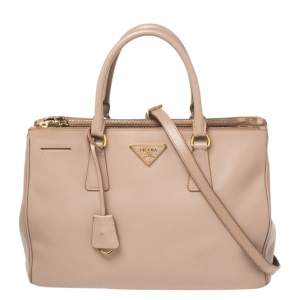 Pre Owned Prada Beige Saffiano Leather Medium Galleria Double Zip Tote