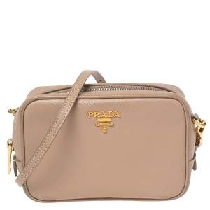 Pre Owned Prada Beige Saffiano Leather Mini Zip Top Camera Sling Bag