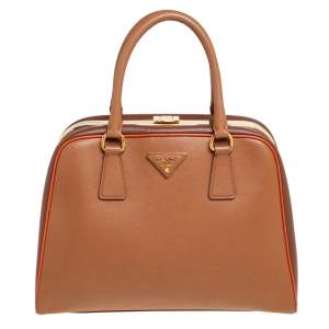 Pre Owned Prada Brown Saffiano Leather Pyramid Frame Satchel