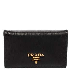 Pre Owned Prada Black Move Leather Logo Flap Card Case 