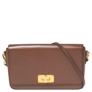 Pre Owned Prada Brown Saffiano Vernice Leather Turnlock Flap Shoulder Bag