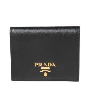 Pre Owned Prada Black Saffiano Lux Leather Logo Flap Compact Wallet