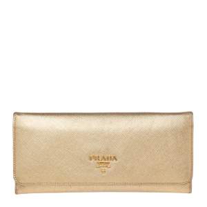 Pre Owned Prada Gold Saffiano Metal Leather Logo Flap Continental Wallet