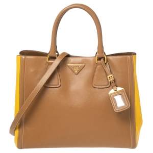 Pre Owned Prada Brown/Yellow Saffiano Lux Leather Double Handle Open Tote