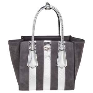 Pre Owned Prada Grey/Silver Suede and Snakeskin Double Handle Tote