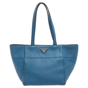 Pre Owned Prada Blue Vitello Daino Leather Tote