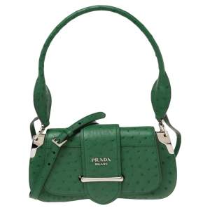 Pre Owned Prada Green Ostrich Sidonie Shoulder Bag