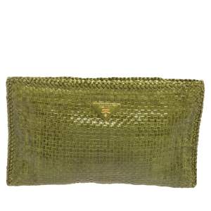 Pre Owned Prada Green Woven Leather Madras Clutch