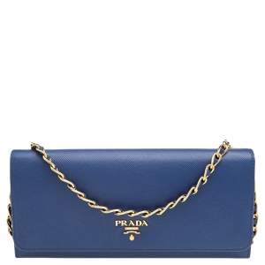 Pre Owned Prada Blue Saffiano Leather Wallet on Chain