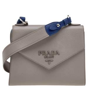 Pre Owned Prada Grey Saffiano Cuir Leather Monochrome Shoulder Bag