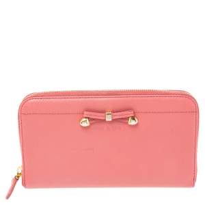 Prada Pink Saffino Metal Leather Bow Zip Around Continental Wallet