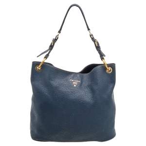 Pre Owned Prada Blue Vitello Daino Leather Cervo Hobo