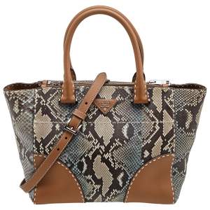 Pre Owned Prada Brown/Beige Snakeskin And Leather City Satchel