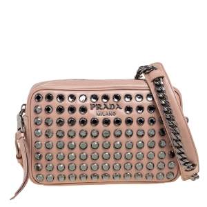 Pre Owned Prada Beige Leather Crystal Studded Camera Bag