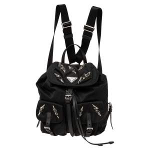 Prada Black Nylon Lightening Bolt Crystals Embellished Backpack