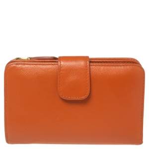 Pre Owned Prada Orange Saffiano Lux Leather French Flap Wallet