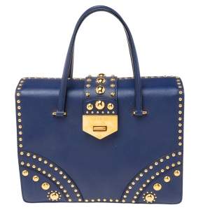 Pre Owned Prada Blue Saffiano Leather Studded Flap Tote