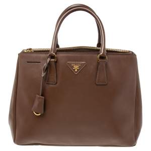 Pre Owned Prada Dark Brown Saffiano Leather Medium Galleria Double Zip Tote