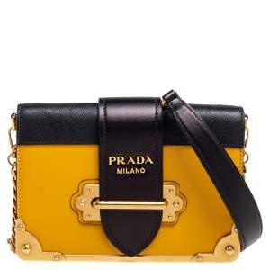 Pre Owned Prada Yellow/Black Leather Cahier Shoulder Bag