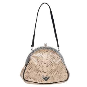 Pre Owned Prada Beige/Silver Python and Lizard Frame Clutch Bag