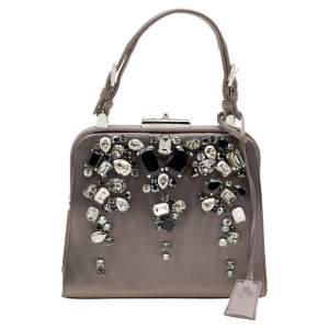 Pre Owned Prada Grey Satin Crystal Embellished Frame Top Handle Bag