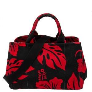 Pre Owned Prada Red/Black Hibiscus Print Canvas Canapa Tote