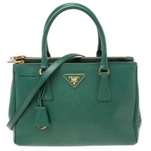 Pre Owned Prada Green Saffiano Leather Small Double Zip Tote