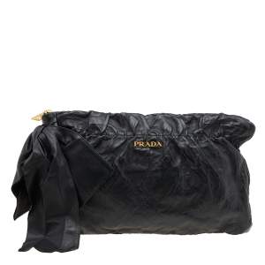 Pre Owned Prada Black Leather Antique Large Bow Zip Clutch