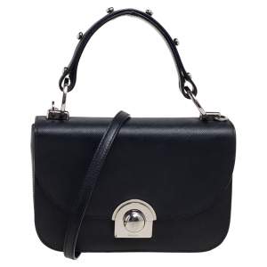 Pre Owned Prada Black Saffiano Leather Flap Top Handle Bag