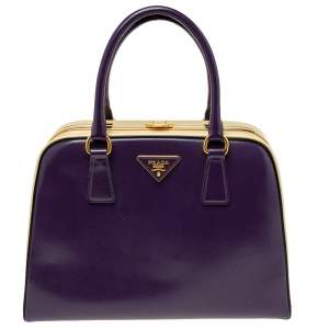 Pre Owned Prada Purple/Beige Patent Saffiano Leather Pyramid Frame Satchel