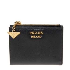Pre Owned Prada Black Saffiano Lux Leather Bifold Compact Wallet