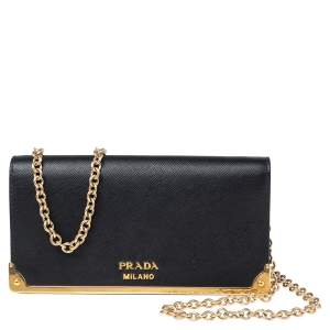 Pre Owned Prada Black Saffiano Leather Cahier Wallet on Chain