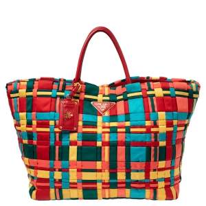 Pre Owned Prada Multicolor Woven Nylon and Leather Tote