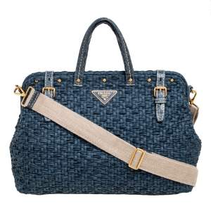 Pre Owned Prada Blue Woven Nylon, Suede and Crocodile Trim Frame Satchel