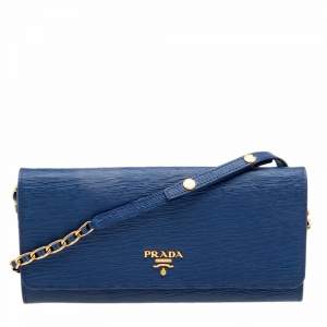 Pre Owned Prada Blue Vitello Move Leather Wallet on Chain