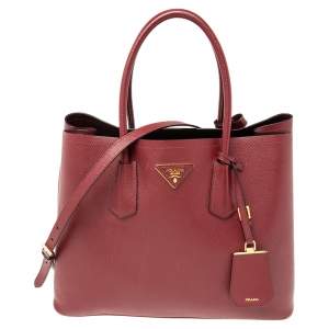 Pre Owned Prada Dark Red Saffiano Cuir Leather Large Double Handle Tote