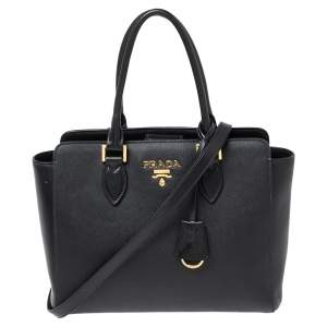 Pre Owned Prada Black Saffiano Lux Leather Snap Tote